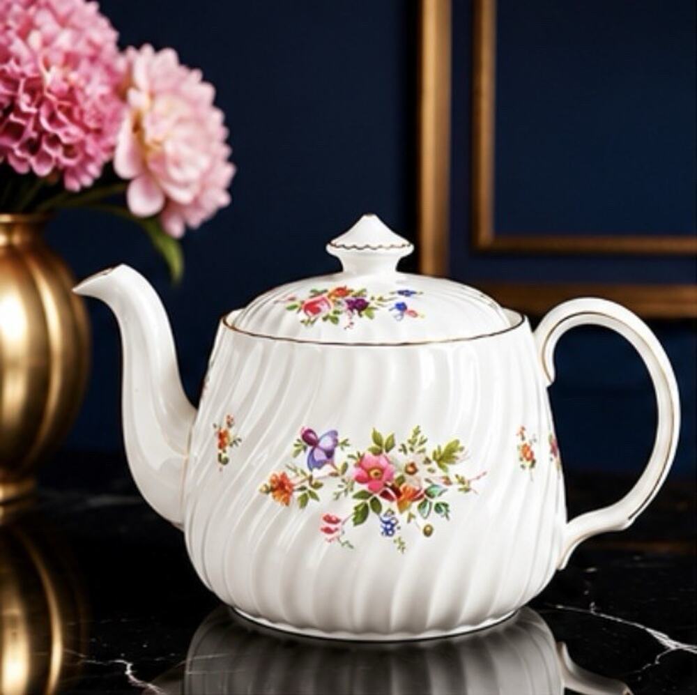 Vintage Minton Bone China Teapot Marlow S309 Floral Gold Trim England